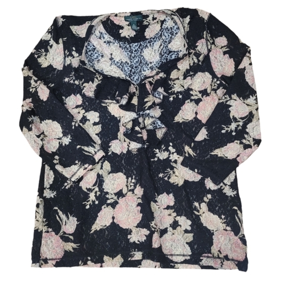 Ralph Lauren Co Lace‎ Nylon Ruffle Semi Sheer 3/4 Sleeve Cottagecore Lace Top XL